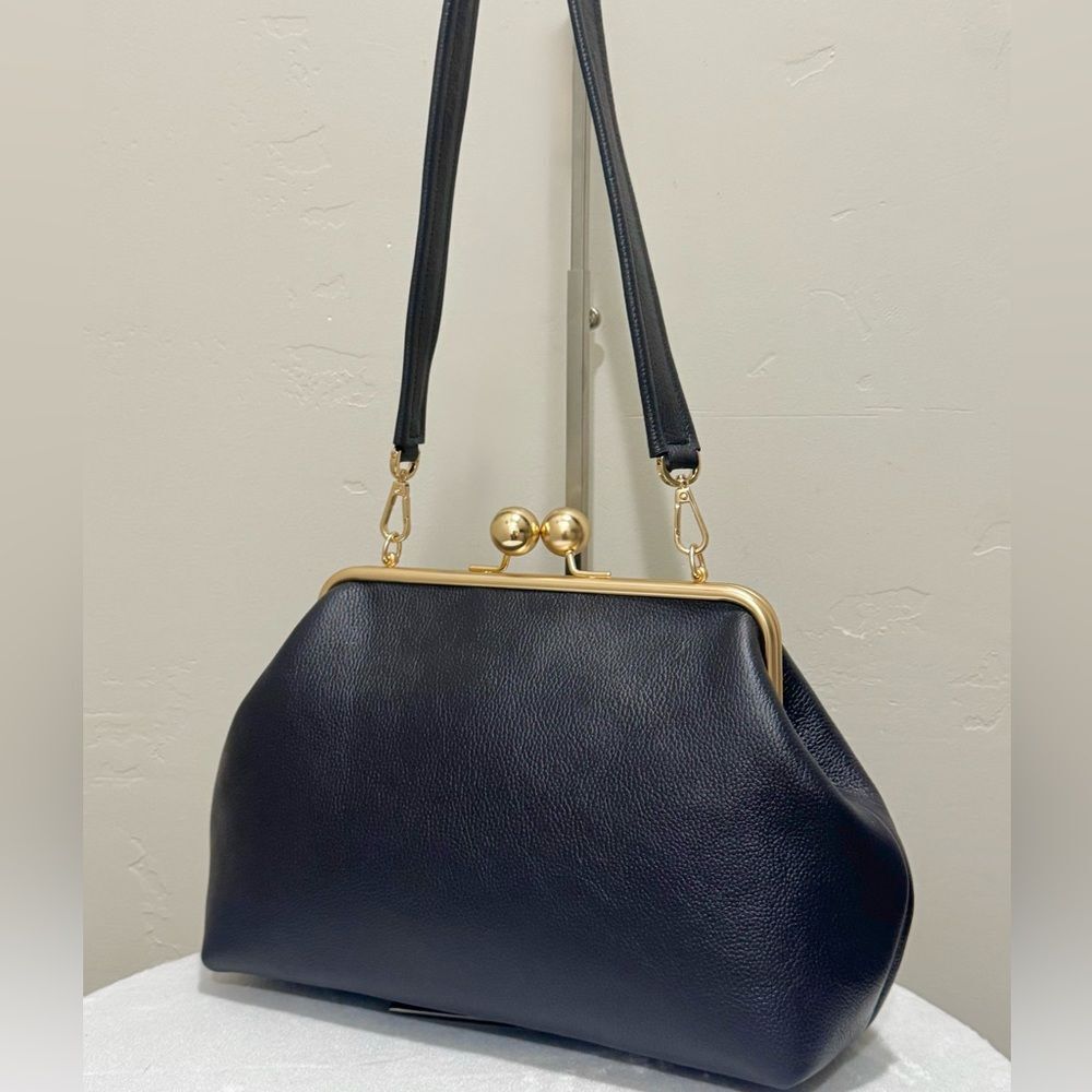 Genuine Pebble Leather Handmade Vintage Style Extra Large Kisslock Frame Bag - Picture 2 of 16